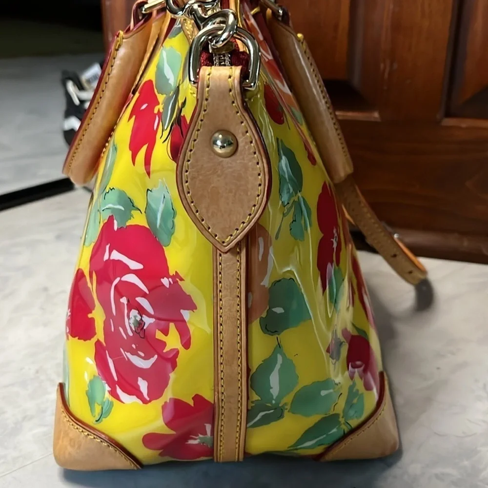 Dooney Bourke Satchel Crossbody shoulder Bag vinyl coated floral/leather EUC